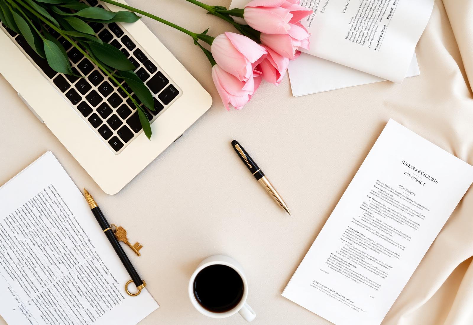 Elegant real estate desk with contracts, keys, laptop, and blush flowers